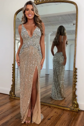 Gorgeous Long Champagne V-neck Sleeveless Beaded Prom Dress with Slit