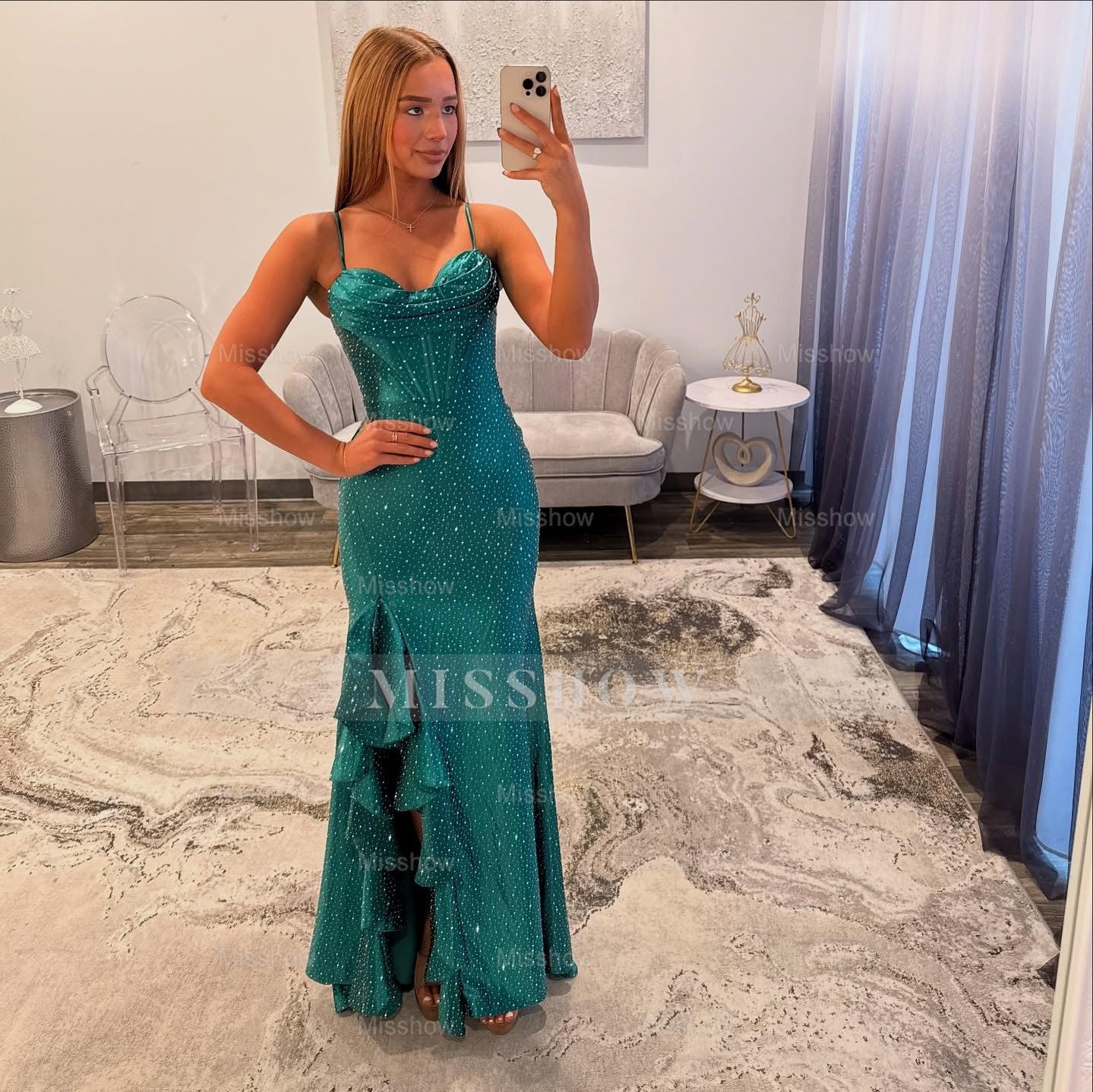 Gorgeous Long Dark Green Speghetti Straps Glitter Prom Dress with Slit and Ruffles