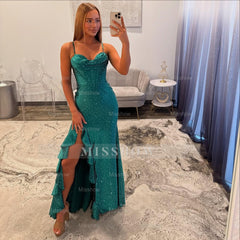 Gorgeous Long Dark Green Speghetti Straps Glitter Prom Dress with Slit and Ruffles