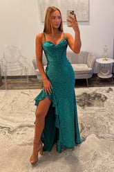 Gorgeous Long Dark Green Speghetti Straps Glitter Prom Dress with Slit and Ruffles