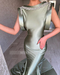 Gorgeous Long Dusty Sage Mermaid Sleeveless Satin Prom Dress With Rhinestones