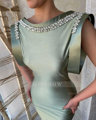 Gorgeous Long Dusty Sage Mermaid Sleeveless Satin Prom Dress With Rhinestones