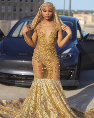 Gorgeous Long Gold Mermaid Lace Sleeveless Sexy Prom Dress