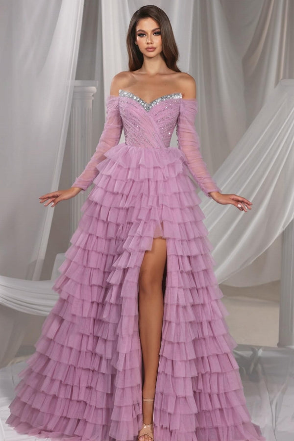 Gorgeous Long Lilac A-line Off-the-shoulder Sequined Tulle Prom Evening Dresses with Slit