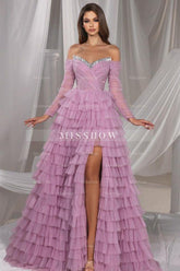Gorgeous Long Lilac A-line Off-the-shoulder Sequined Tulle Prom Evening Dresses with Slit