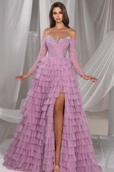 Gorgeous Long Lilac A-line Off-the-shoulder Sequined Tulle Prom Evening Dresses with Slit