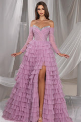 Gorgeous Long Lilac A-line Off-the-shoulder Sequined Tulle Prom Evening Dresses with Slit