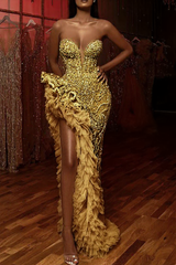 Gorgeous Long Mermaid Beading Sleeveless Split Prom Dress With Ruffles