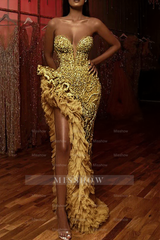 Gorgeous Long Mermaid Beading Sleeveless Split Prom Dress With Ruffles