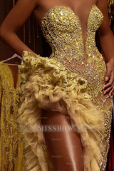 Gorgeous Long Mermaid Beading Sleeveless Split Prom Dress With Ruffles