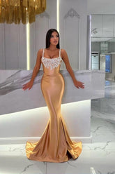 Gorgeous Long Mermaid Gold Sleeveless Jewel Prom Evening Dresses with Glitter