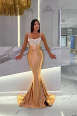Gorgeous Long Mermaid Gold Sleeveless Jewel Prom Evening Dresses with Glitter