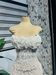 Gorgeous Long Mermaid Lace Beaded Strapless Prom Dress with Pearls