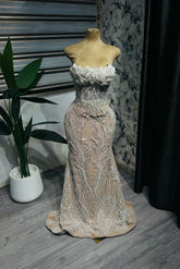 Gorgeous Long Mermaid Lace Beaded Strapless Prom Dress with Pearls