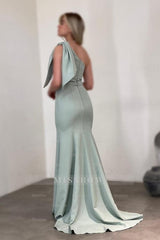 Gorgeous Long Mermaid One Shoulder Satin Rhinestones Sleeveless Prom Evening Dresses