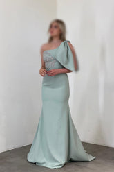Gorgeous Long Mermaid One Shoulder Satin Rhinestones Sleeveless Prom Evening Dresses