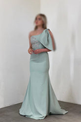 Gorgeous Long Mermaid One Shoulder Satin Rhinestones Sleeveless Prom Evening Dresses
