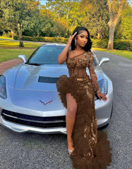 Gorgeous Long Mermaid Pink One Shoulder Long Sleeve Prom Dress With Slit