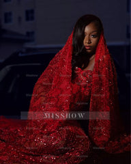 Gorgeous Long Mermaid Red Strapless Lace Prom Dress with Veil