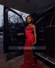 Gorgeous Long Mermaid Red Strapless Lace Prom Dress with Veil