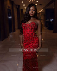 Gorgeous Long Mermaid Red Strapless Lace Prom Dress with Veil
