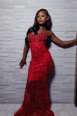 Gorgeous Long Mermaid Red Strapless Lace Prom Dress with Veil