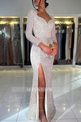 Gorgeous Long Mermaid Sequined Long Sleeves Prom Evening Dresses with Slit