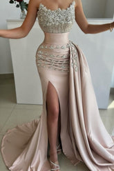 Gorgeous Long Mermaid Strapless Satin Jewels Prom Evening Dresses with Side Slit