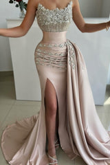 Gorgeous Long Mermaid Strapless Satin Jewels Prom Evening Dresses with Side Slit