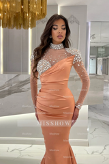 Gorgeous Long Orange Mermaid High Neck Prom Evening Dresses with Long Sleeves