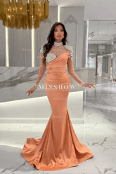 Gorgeous Long Orange Mermaid High Neck Prom Evening Dresses with Long Sleeves