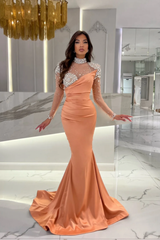 Gorgeous Long Orange Mermaid High Neck Prom Evening Dresses with Long Sleeves