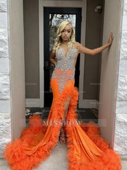Gorgeous Long Orange Mermaid Long Sleeve Lace Prom Dress with Slit