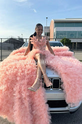 Gorgeous Long Pink Mermaid Sleeveless Beading Pearls Prom Dress with Slit