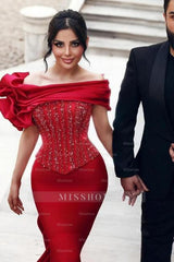 Gorgeous Long Red Mermaid Off-the-shoulder Sequined Beading Prom Evening Dresses with Lace