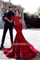 Gorgeous Long Red Mermaid Off-the-shoulder Sequined Beading Prom Evening Dresses with Lace