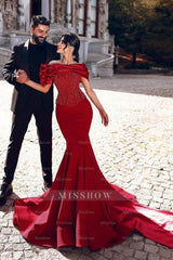 Gorgeous Long Red Mermaid Off-the-shoulder Sequined Beading Prom Evening Dresses with Lace