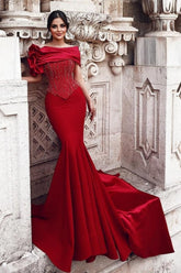 Gorgeous Long Red Mermaid Off-the-shoulder Sequined Beading Prom Evening Dresses with Lace