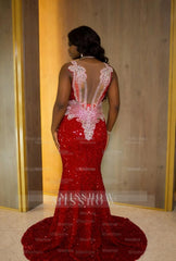 Gorgeous Long Red Mermaid Sequined Sleeveless Prom Dress with Veil