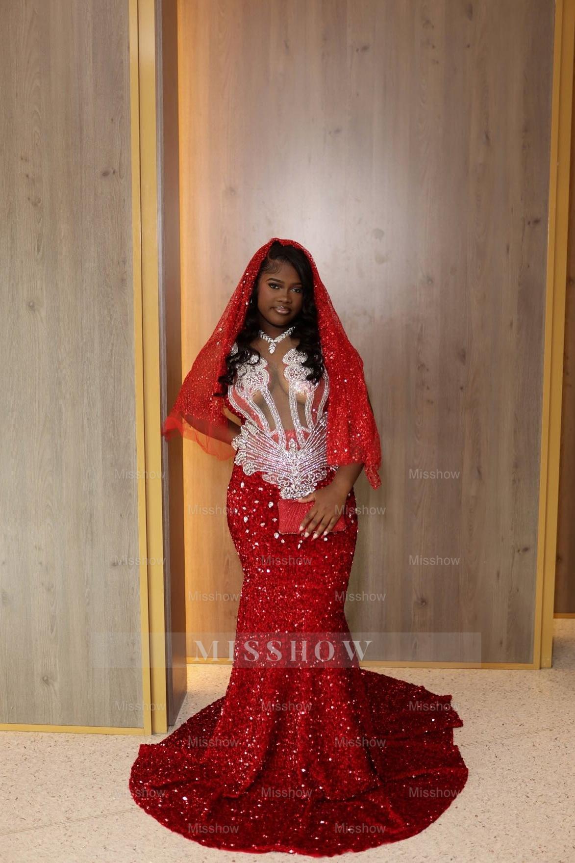 Gorgeous Long Red Mermaid Sequined Sleeveless Prom Dress with Veil