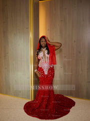 Gorgeous Long Red Mermaid Sequined Sleeveless Prom Dress with Veil