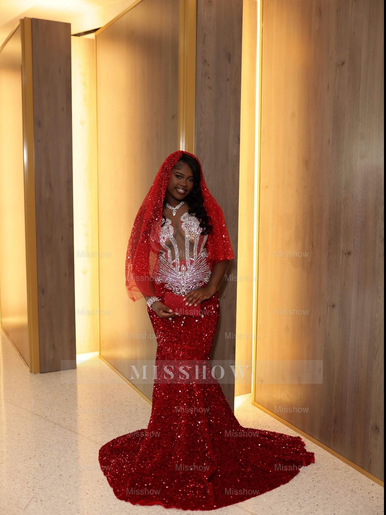 Gorgeous Long Red Mermaid Sequined Sleeveless Prom Dress with Veil
