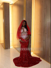 Gorgeous Long Red Mermaid Sequined Sleeveless Prom Dress with Veil