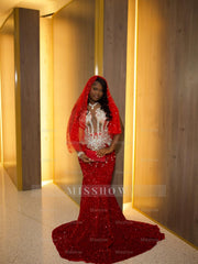 Gorgeous Long Red Mermaid Sequined Sleeveless Prom Dress with Veil