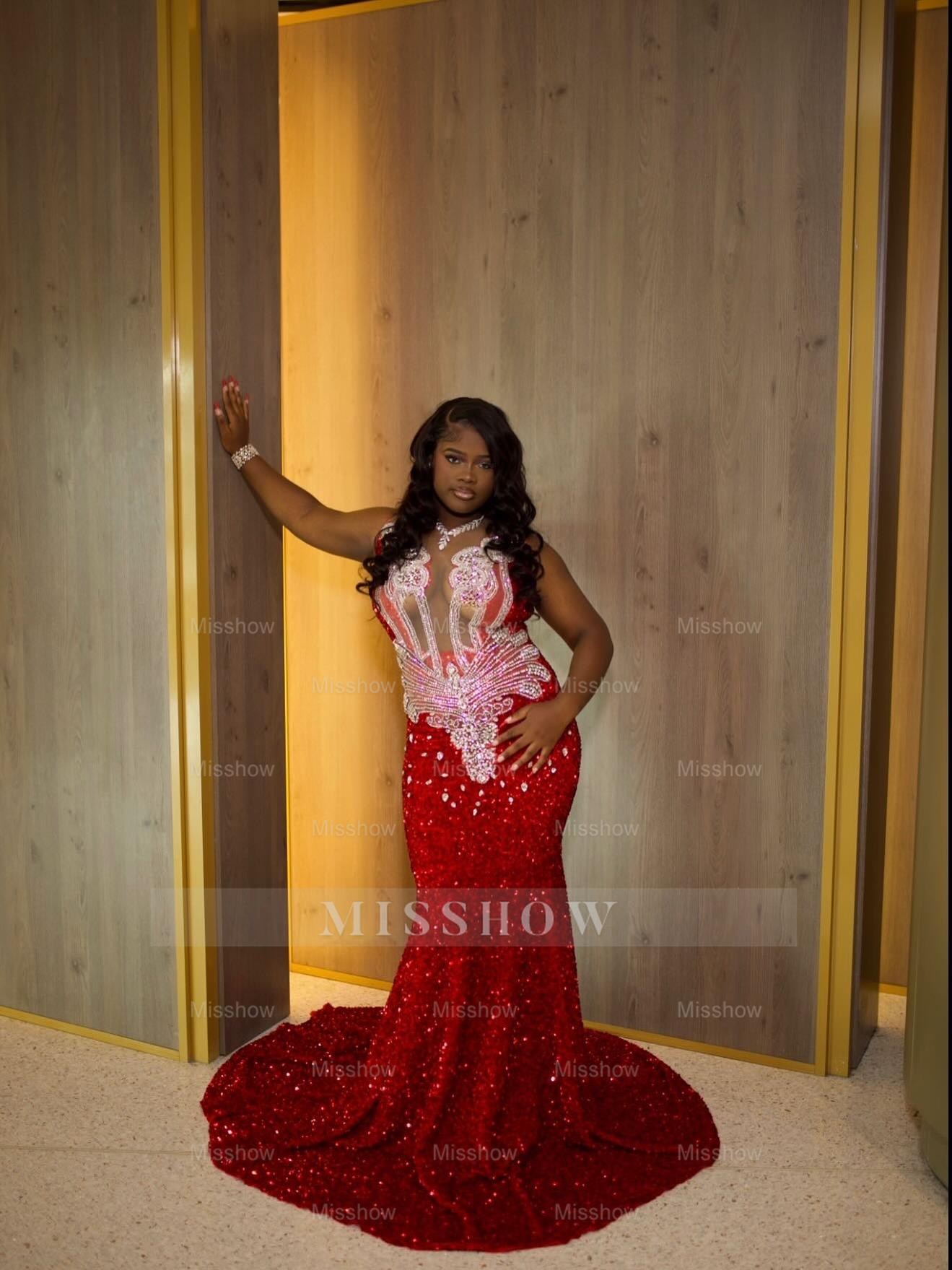 Gorgeous Long Red Mermaid Sequined Sleeveless Prom Dress with Veil