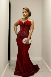 Gorgeous Long Red Mermaid Strapless Beaded Sleeveless Prom Dress