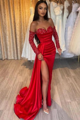 Gorgeous Long Red Mermaid Sweetheart Sequined Beading Long Sleeves Prom Evening Dresses with Slit