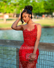 Gorgeous Long Red Sheer Beaded Strapless Mermaid Prom Dress with Rhinestones
