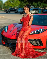 Gorgeous Long Red Sheer Beaded Strapless Mermaid Prom Dress with Rhinestones