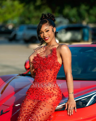 Gorgeous Long Red Sheer Beaded Strapless Mermaid Prom Dress with Rhinestones